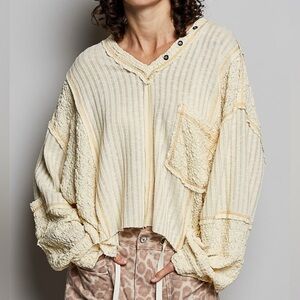 ♥️Hello Gorgeous! POL V-Neck Long Sleeve Top with Stitch Detail- Natural